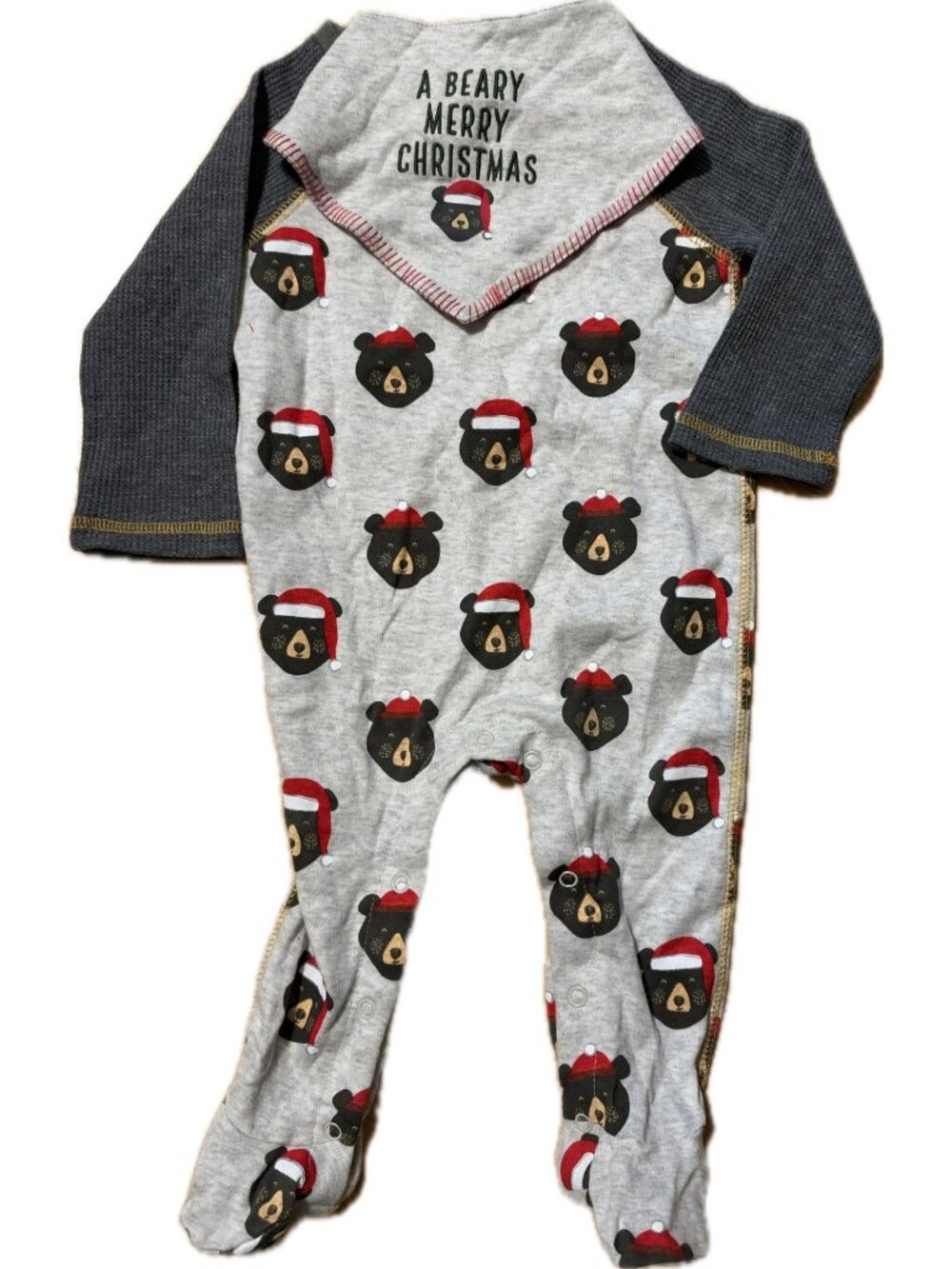 Mud Pie Bear Christmas 6-9m sleeper bib 2pc SET Santa footie romper embroidery
